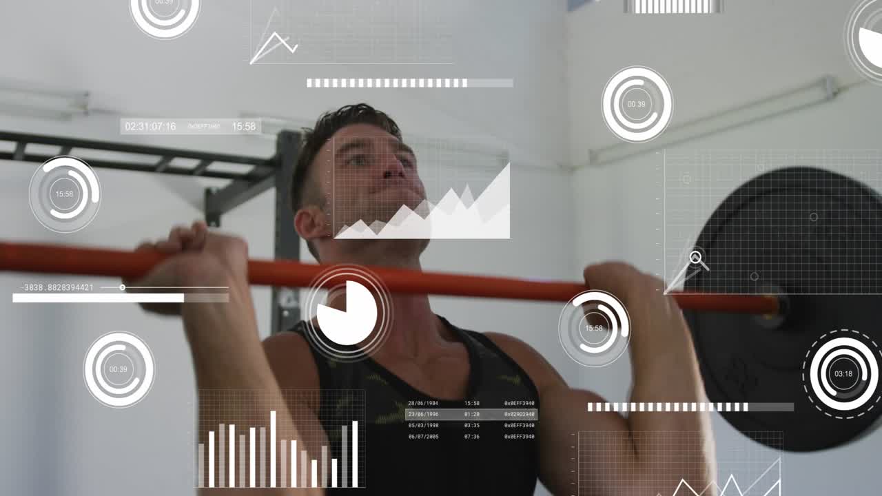 Man bracing core and pressing red barbell overhead in gym, fitness HUD analytics tracking metrics