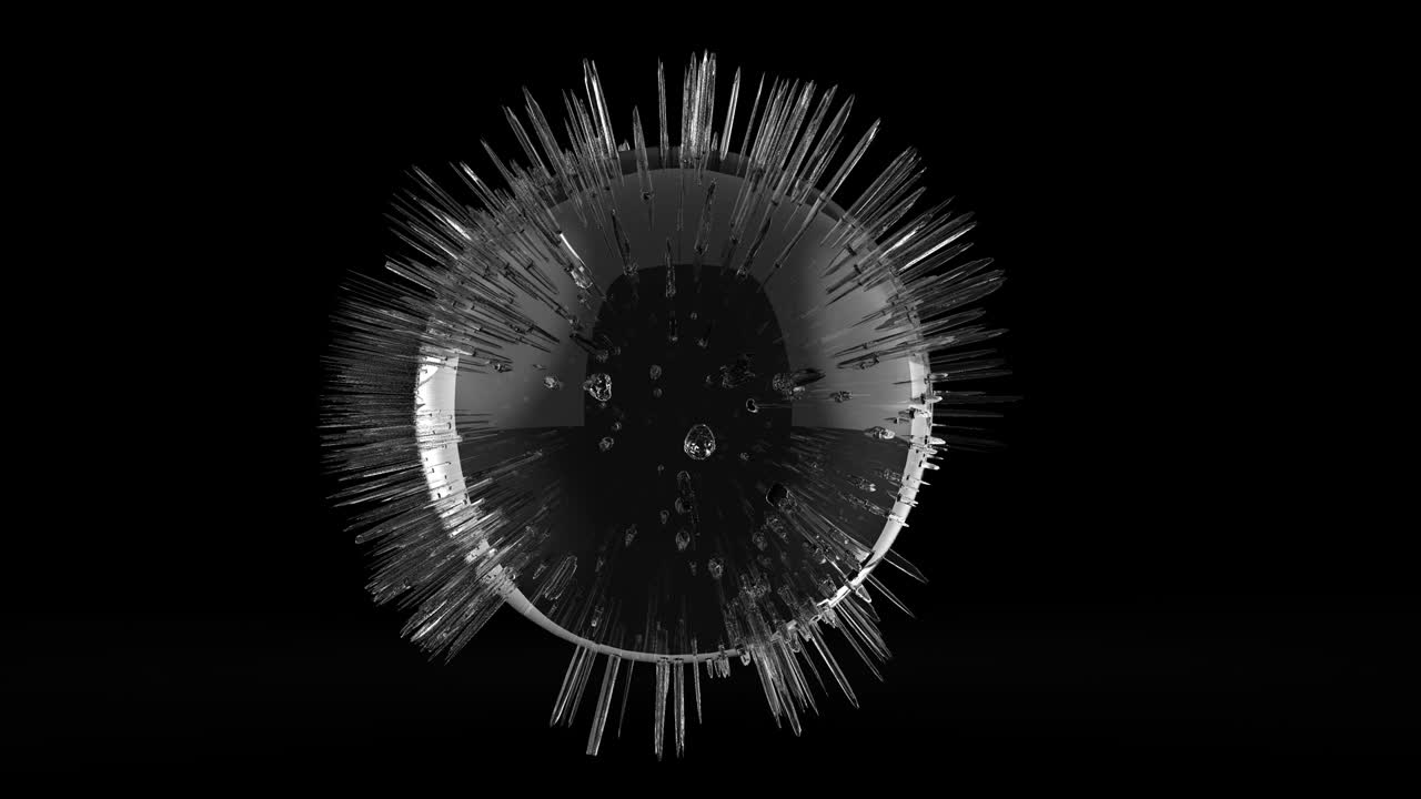 la esfera negra cambia de forma de lisa a espinas en un fondo abstracto en 3d 4k que hace que el espacio sea fantástico y futurista.