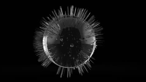 la esfera negra cambia de forma de lisa a espinas en un fondo abstracto en 3d 4k que hace que el espacio sea fantástico y futurista.