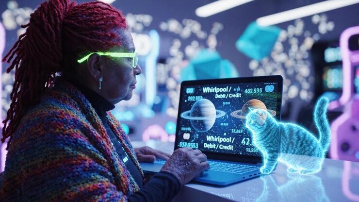 A woman with vibrant red hair and glasses interacts with a futuristic laptop displaying holographic planets and a cat in a colorful gaming arcade environment.
