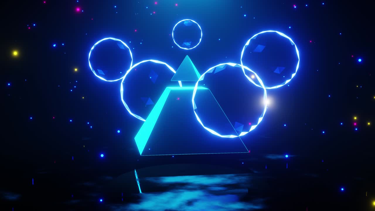 파란색으로 회전하는 피라미드 주위를 날아다니는 유리 공을 놀라운 비디오, 콘서트 및 vj. 루프 애니메이션을 위해