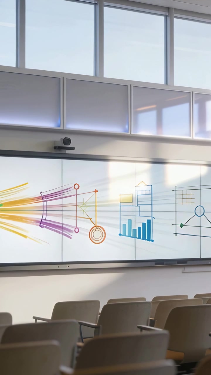 Vertical video: Showing display in lecture hall shifting as sunlight moves and camera pans, chairs