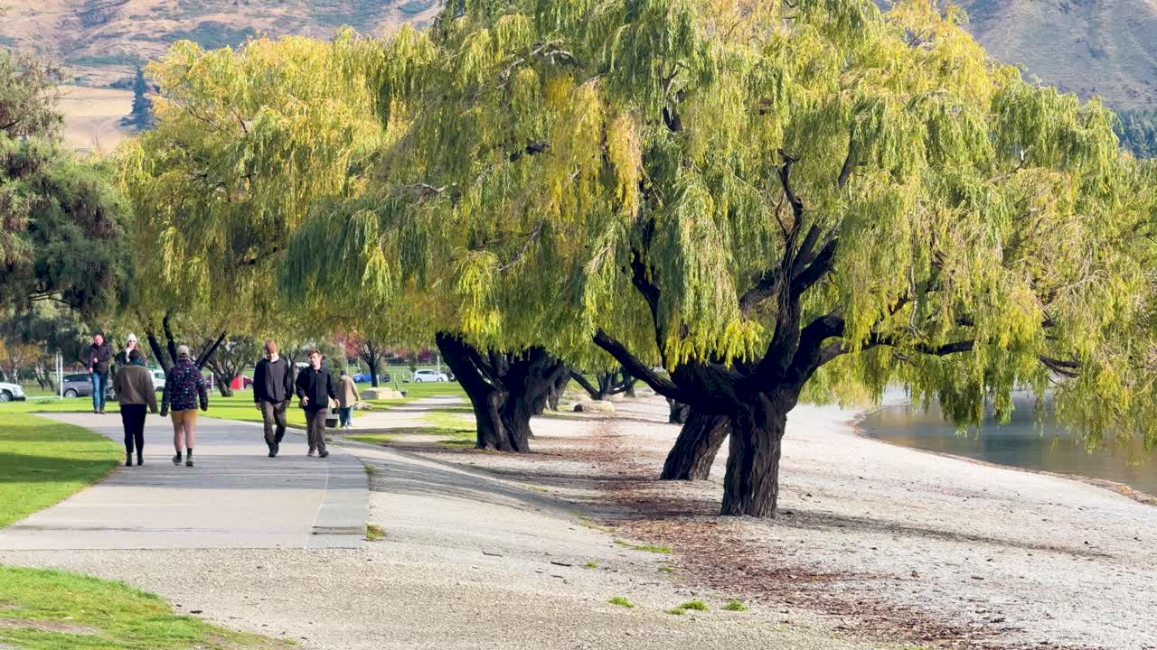 People walk along a lakeside path under lush trees, with serene waters and autumn foliage in the background