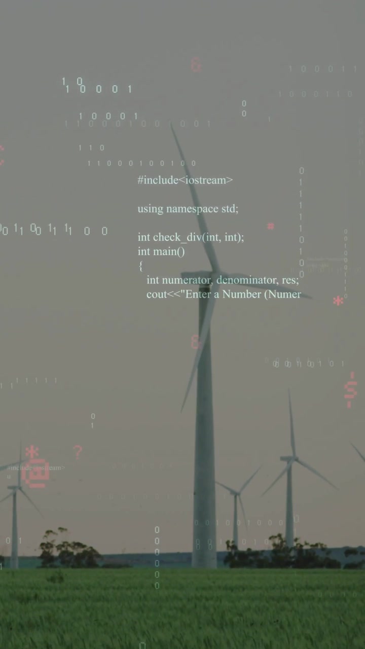 Vertical video: On telemetry pulse central turbine rotating as C++ code scrolling, showing output