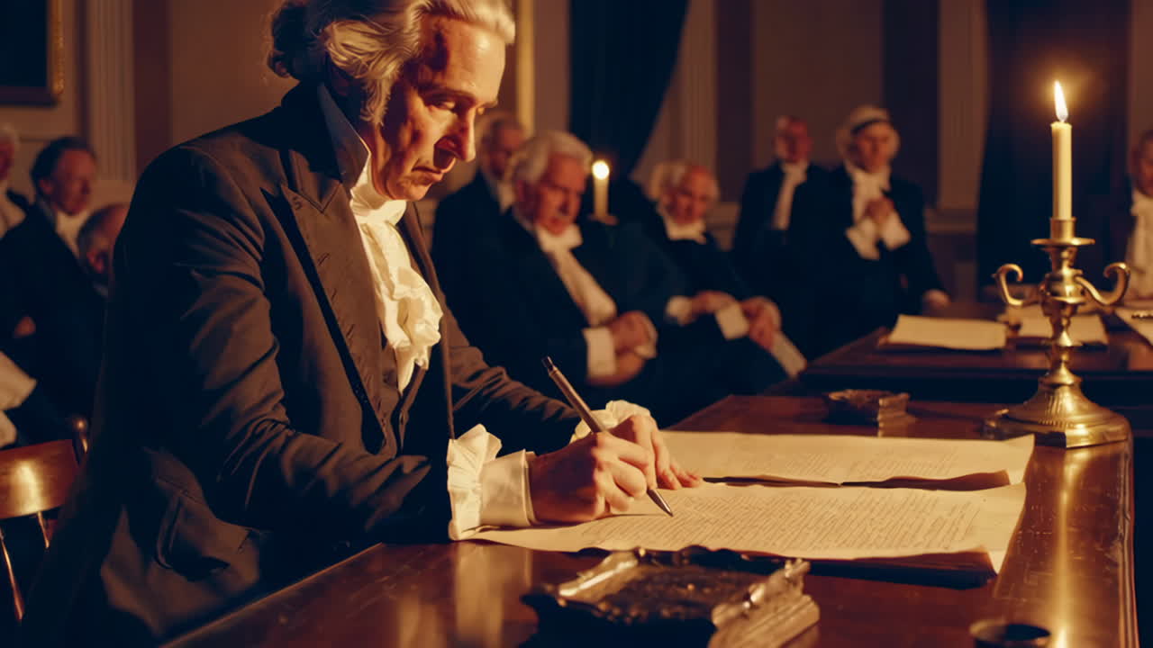 Historical Figures Signing a Document