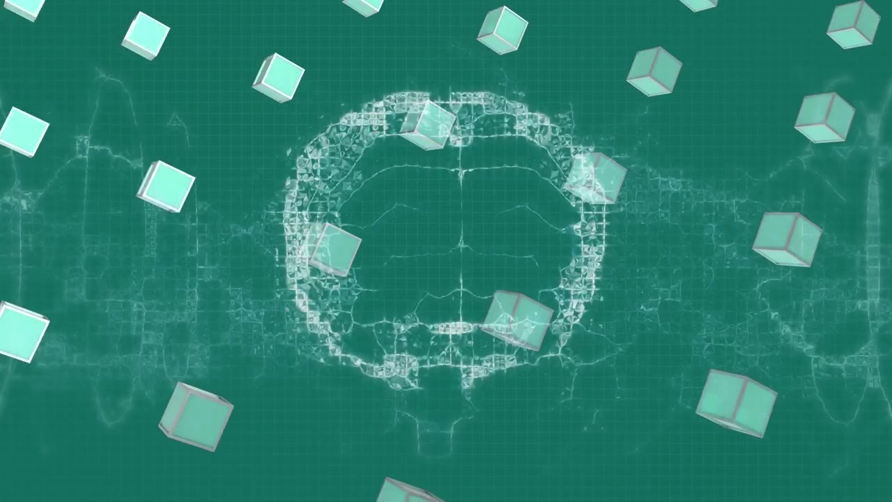 Animation of digital brain model over shapes on green background