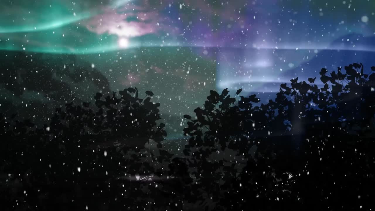 배경 에 있는 공간 에 비해 나무 에 눈 이 떨어지는 디지털 애니메이션