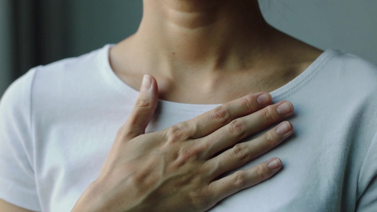Donna in maglietta bianca che posiziona la mano destra sul petto mentre entra nell'inquadratura, in una stanza vicino alla finestra.