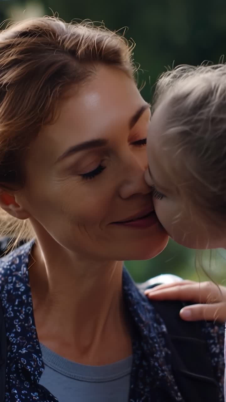 Soft kiss on cheek, sweet smile. Warm sun, green leaves, gentle breeze. Girl's eyes close, content, loving. Mother's gaze holds affection, tender. Perfect moment, family, nature, joy