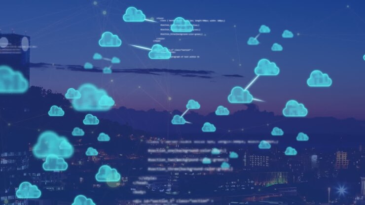 Animation of clouds and data processing over cityscape