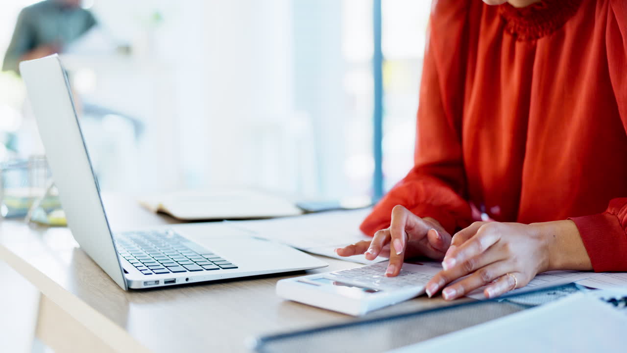 Woman, laptop and hands, finance