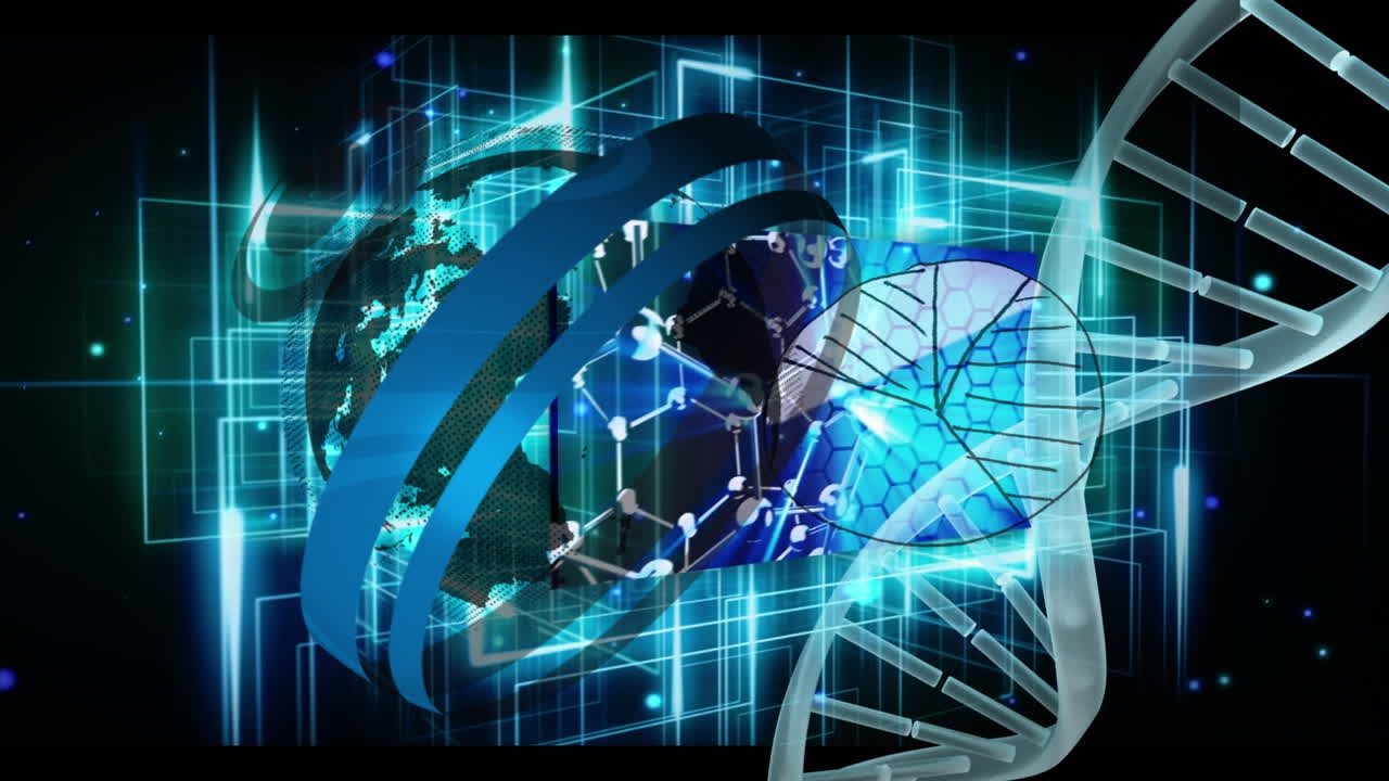 Animation of globe and dna strand over data processing on black background
