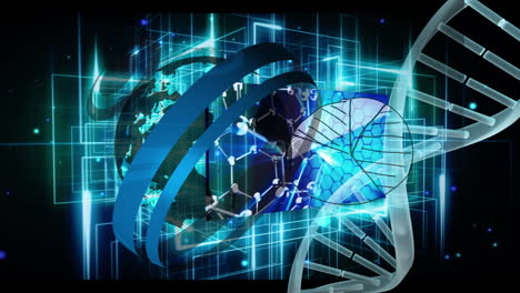 Animation of globe and dna strand over data processing on black background