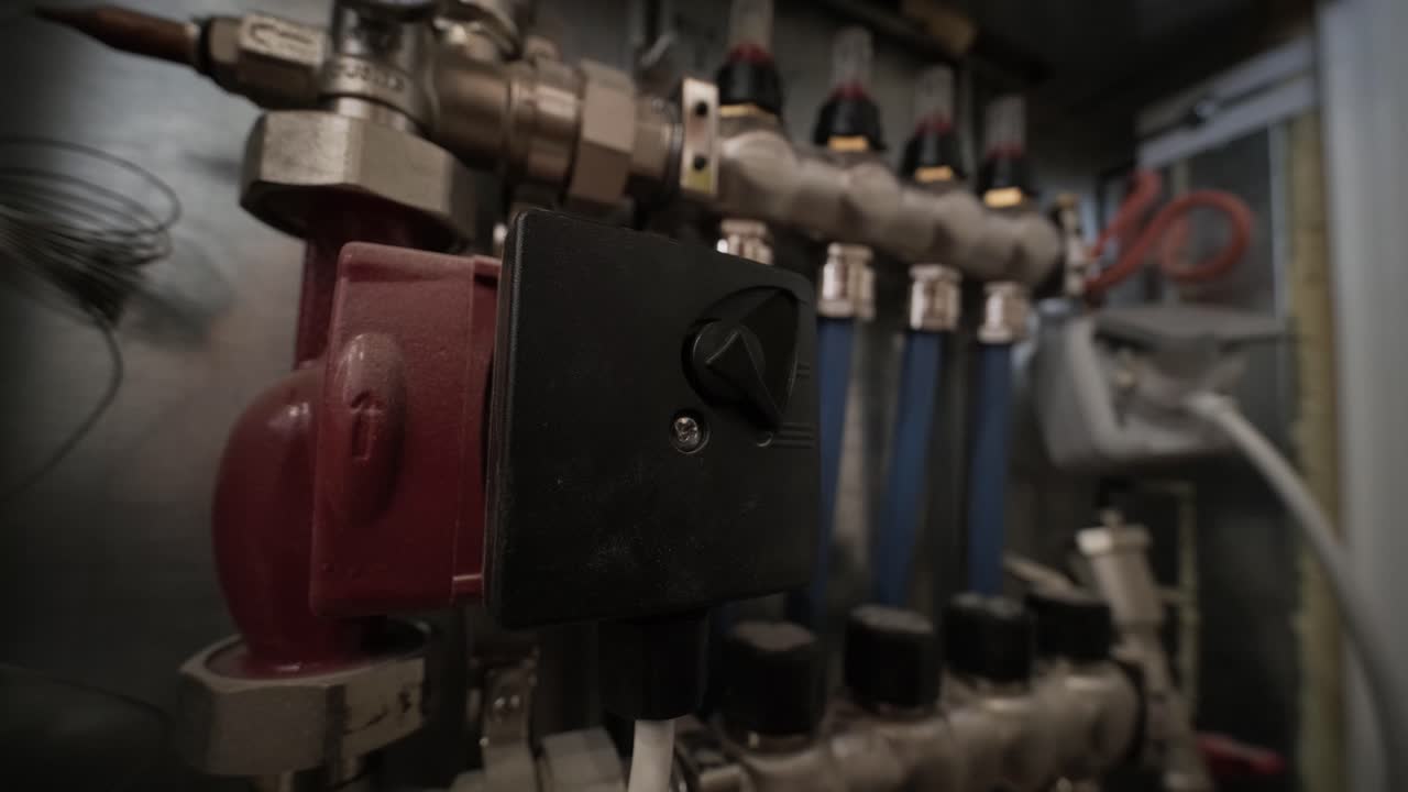 Close-up of a Heating System Pump and Manifold