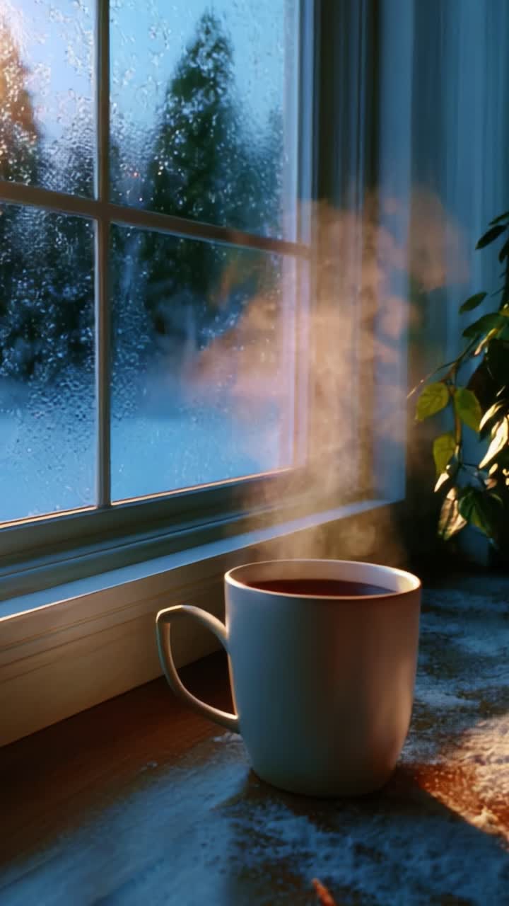 A Cozy Winter Scene Featuring a Steaming Mug of Hot Beverage on a Frosty Windowsill, Where Aromatic Whiffs Rise into the Air, Highlighting the Beauty of Comfort and Warmth Inside a Chilly Setting