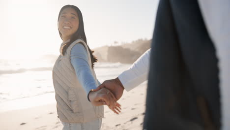 couple, running and happy at beach for vacation