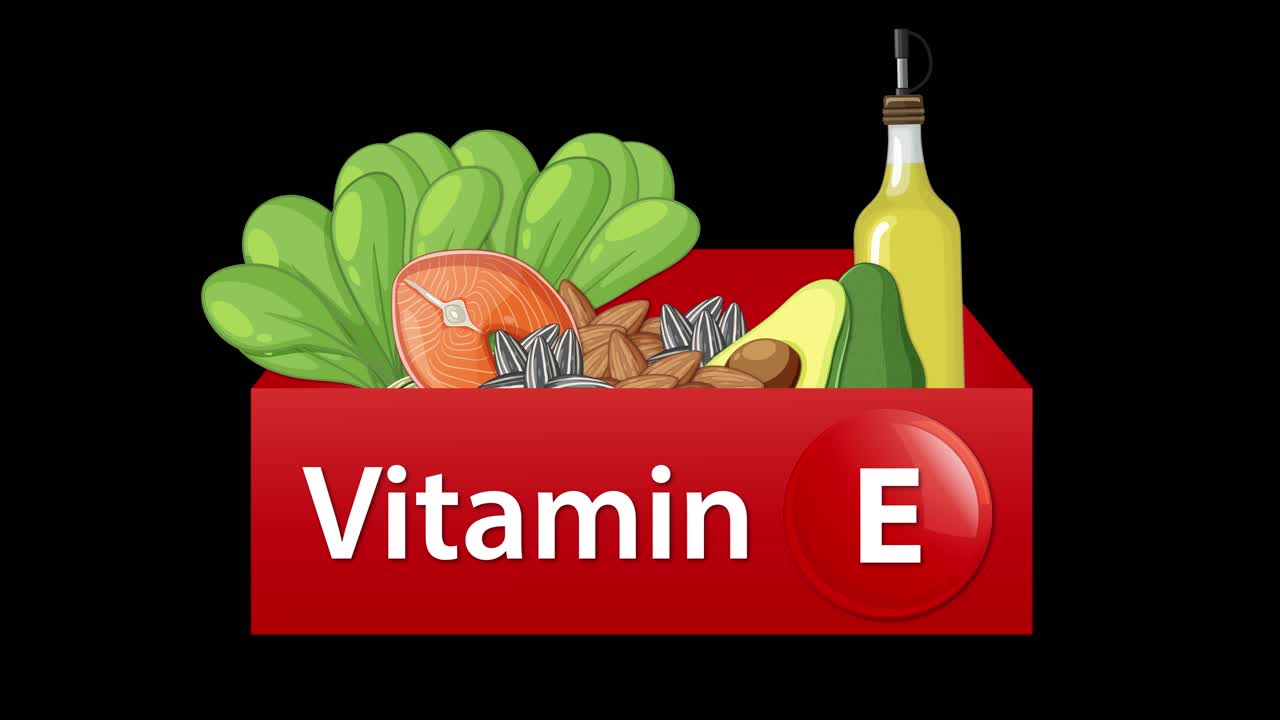 Animated vitamin E supplement box fills with leafy greens, nuts, citrus, and oil bottle