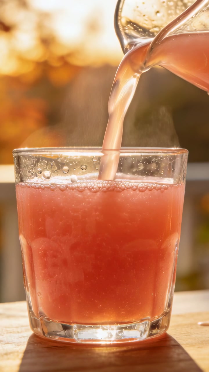 Vertical video: Entering pitcher pouring pink drink into short glass on balcony, filling glass