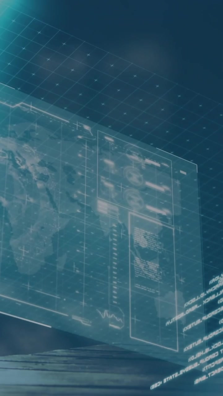 Animation of interface with data processing and light spots against blue background