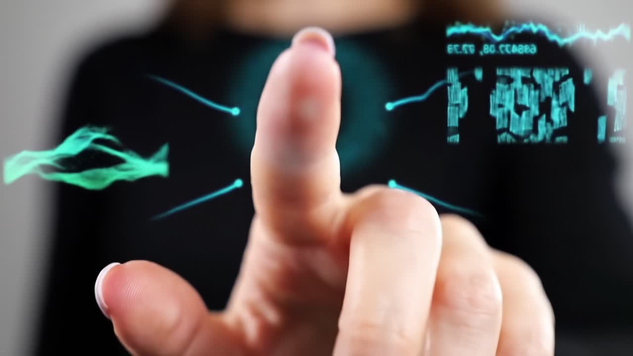 Exploring the Future: A Hand Interacting with Digital Holographic Interfaces Displaying Data Visualizations and Interactive Elements