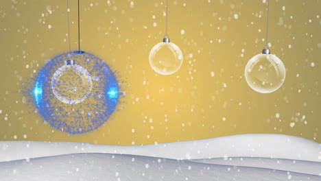 colorful baubles hanging decorations and snow falling on winter landscape against yellow background