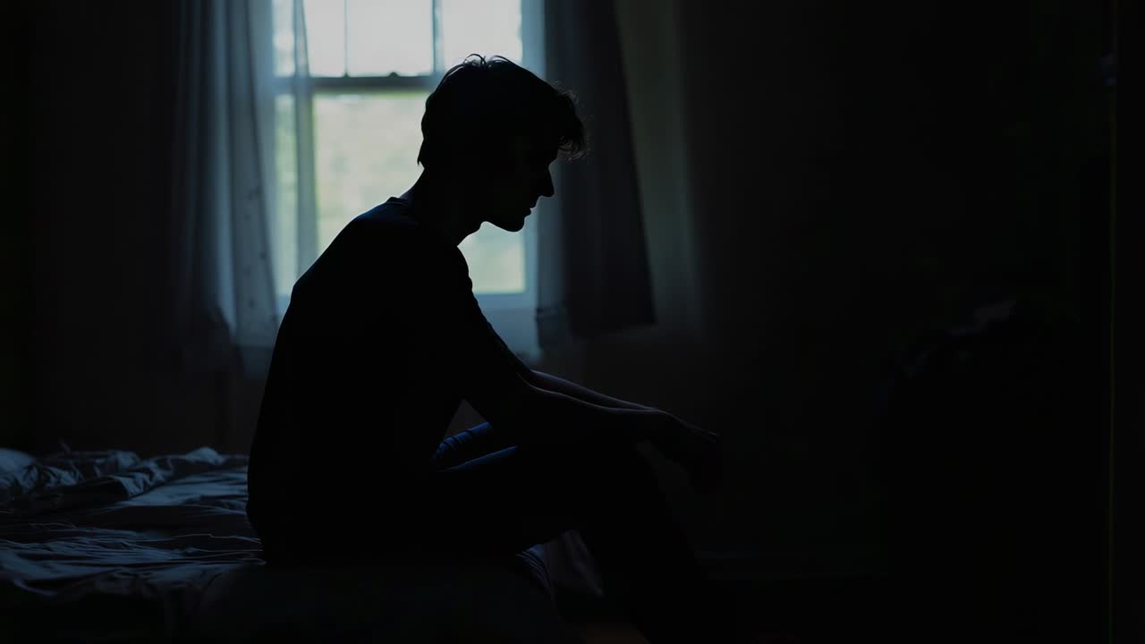 Uomo accasciato che reagisce alla luce della finestra, appoggiato e con la testa bassa sul letto, con pantaloni e maglietta scura
