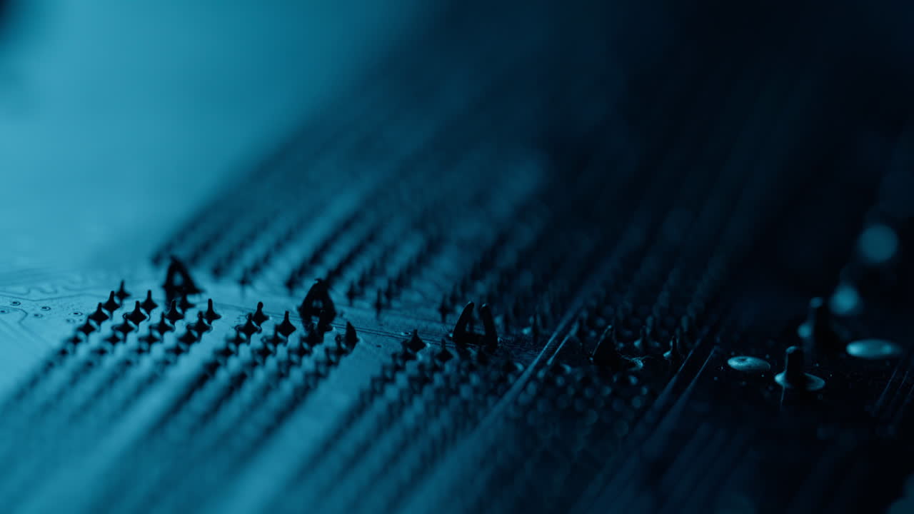 Closeup microchip linking circuit paths on processor board. Macro view connector