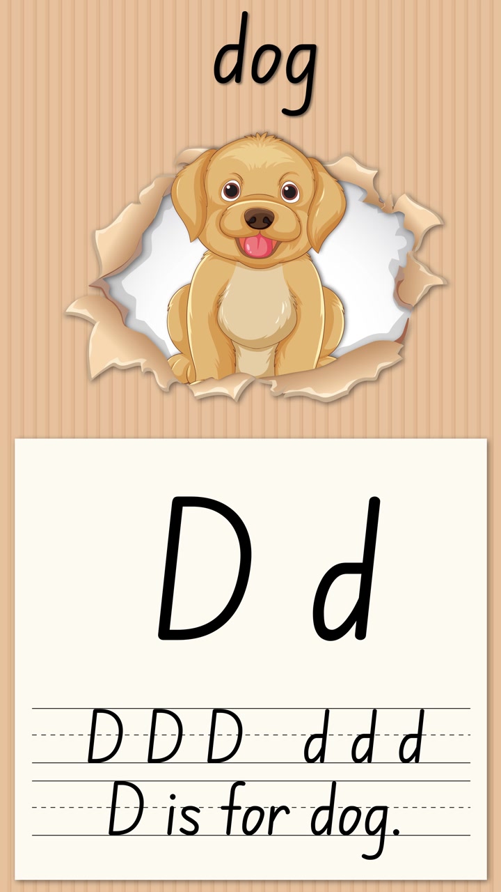 Video educativo animato che insegna la lettera D attraverso la pratica della scrittura a mano e un'illustrazione di un cucciolo carino.