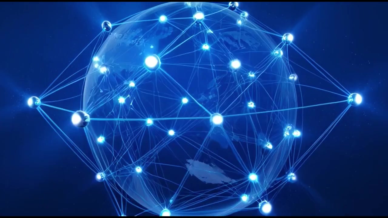 Digital globus med forbundne netværksknudepunkter og glødende datalinjer.