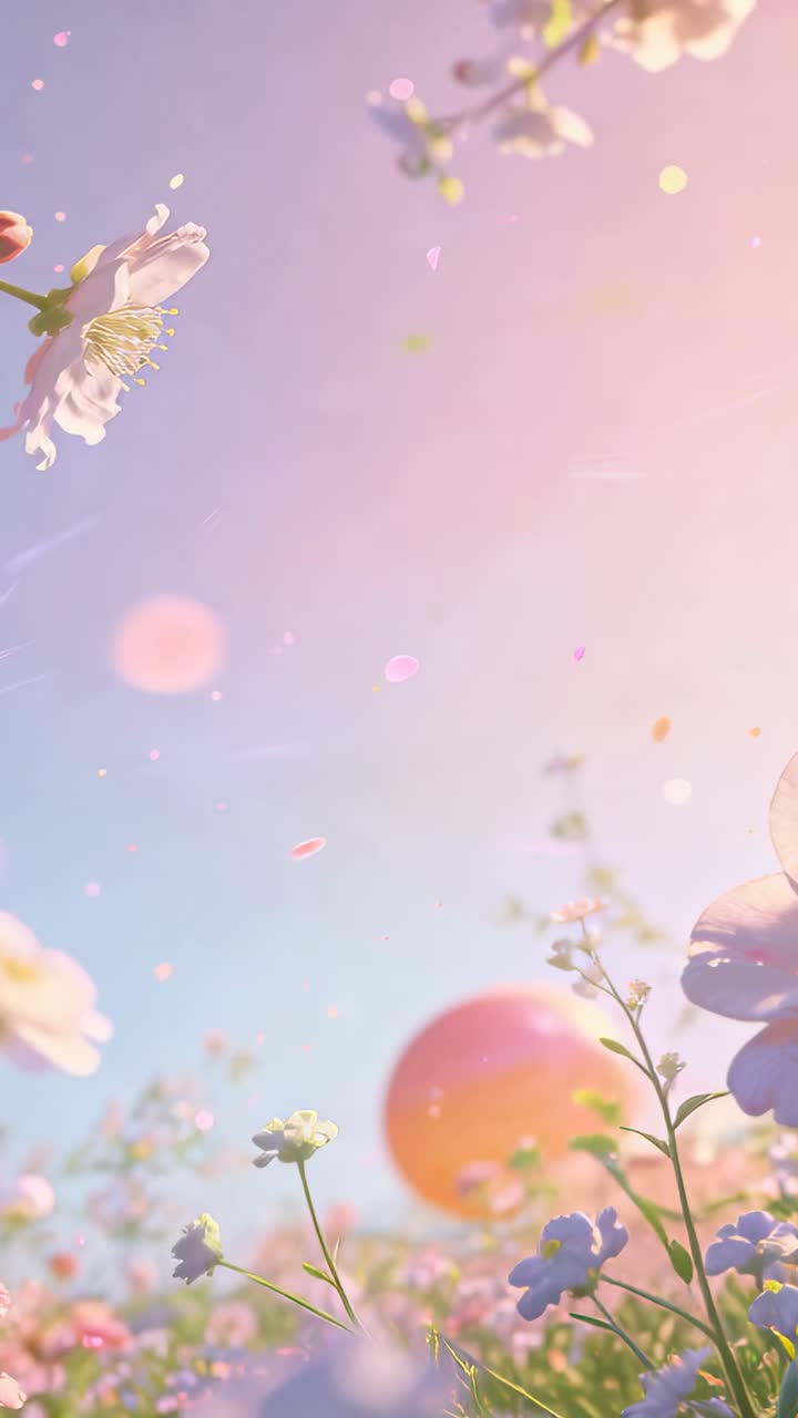 Vertical video: Breeze sending wildflower cluster swaying in meadow, petals falling, orb glowing