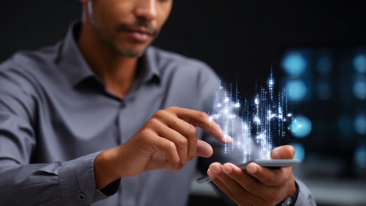 A focused individual interacts with a smartphone, bringing to life a visually striking display of digital data in a modern context, illustrating the fusion of technology and human engagement in everyday life