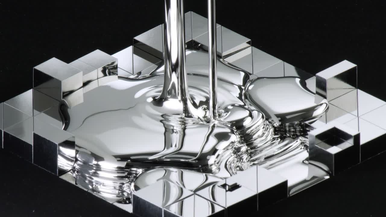 Pouring silvery liquid creating shallow pool on mirrored tiles in studio, cutout, showcasing luster