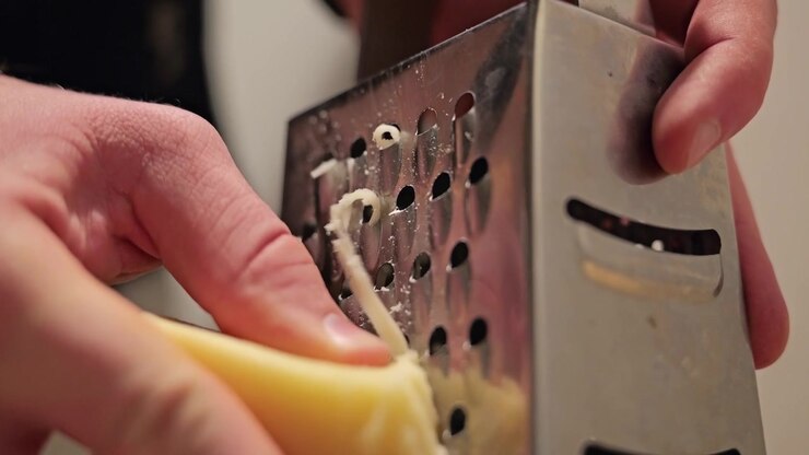 Un uomo grattugia un pezzo di formaggio usando una grattugia di metallo durante la preparazione del cibo