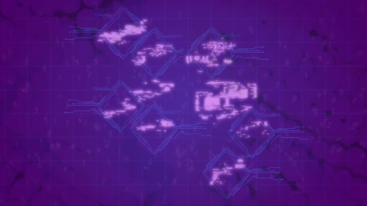 Animation of media icons over purple background
