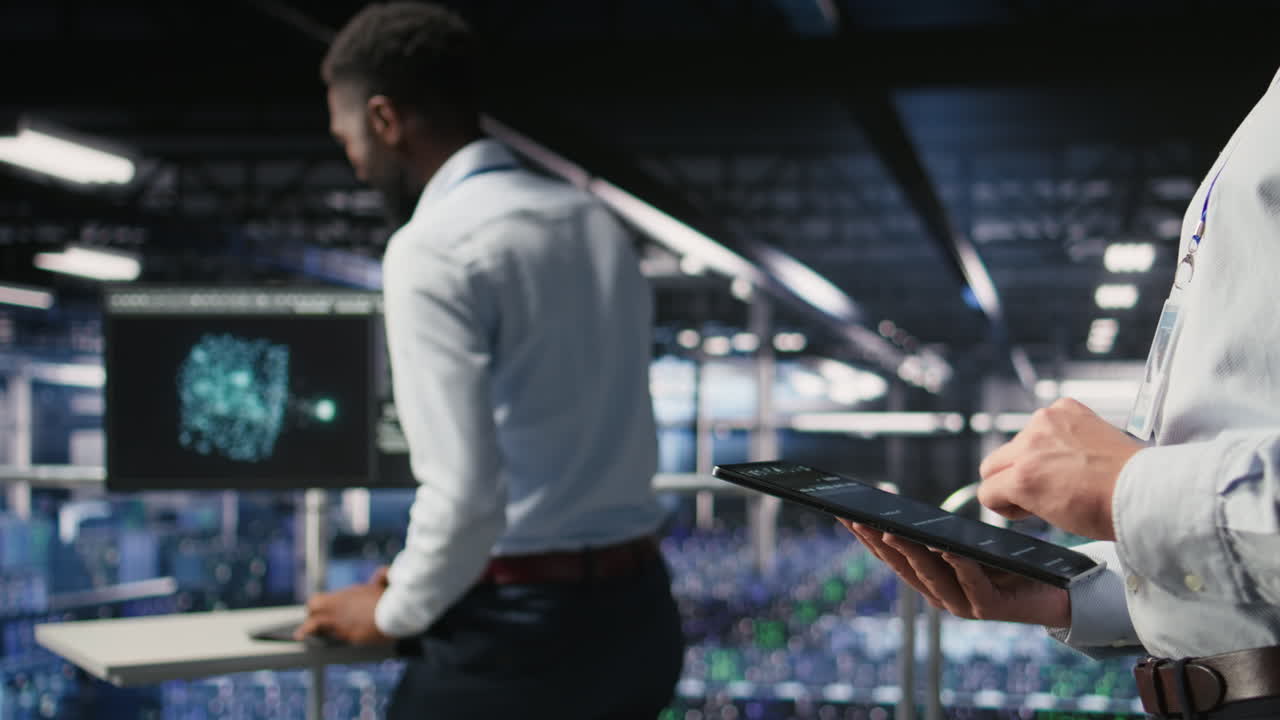 Close up of server room worker checking code on tablet next to colleague