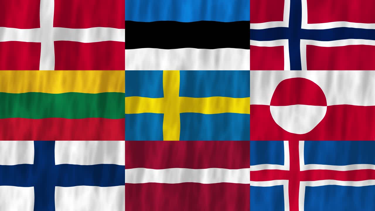 Baltic and Nordic flags country animation 3D symbol waving in wind movement national patriotism world culture emblem banner republic Denmark Estonia Sweden Latvia Lithuania Iceland Finland Norway