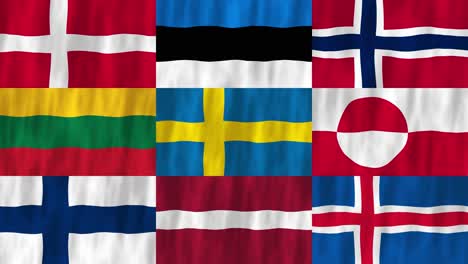 baltic and nordic flags country animation 3d symbol waving in wind movement national patriotism world culture emblem banner republic denmark estonia sweden latvia lithuania iceland finland norway
