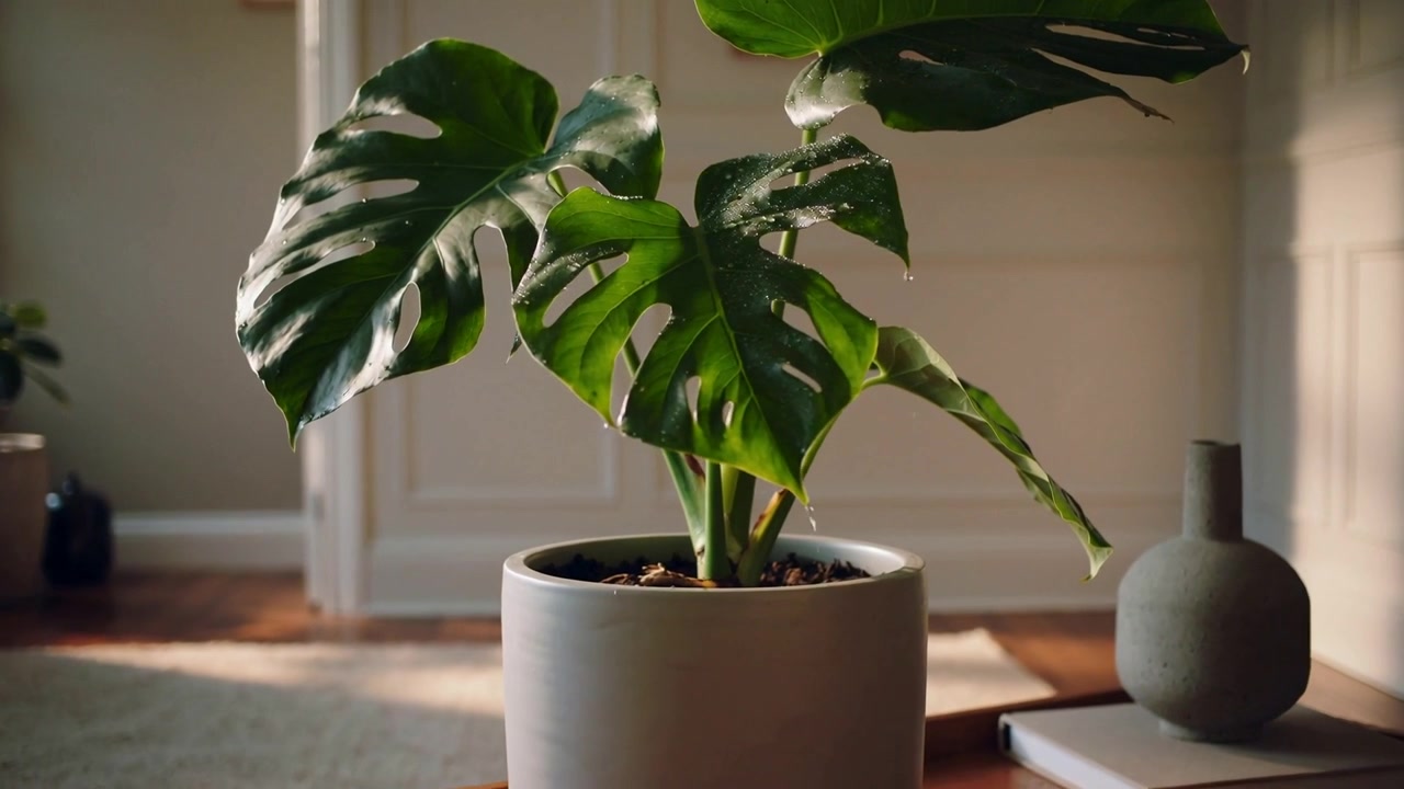 La telecamera si avvicina, una pianta di Monstera in vaso rivela la texture delle foglie su un tavolino di legno basso con un vaso.
