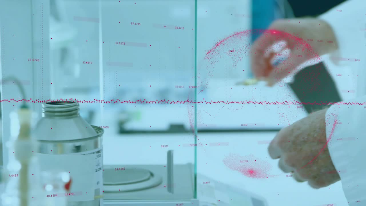 Senior chemist grabbing syringe drawing amber sample dispensing on scale pressing button to weigh