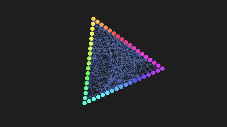Digital triangle with neon dots and lines on black gradient