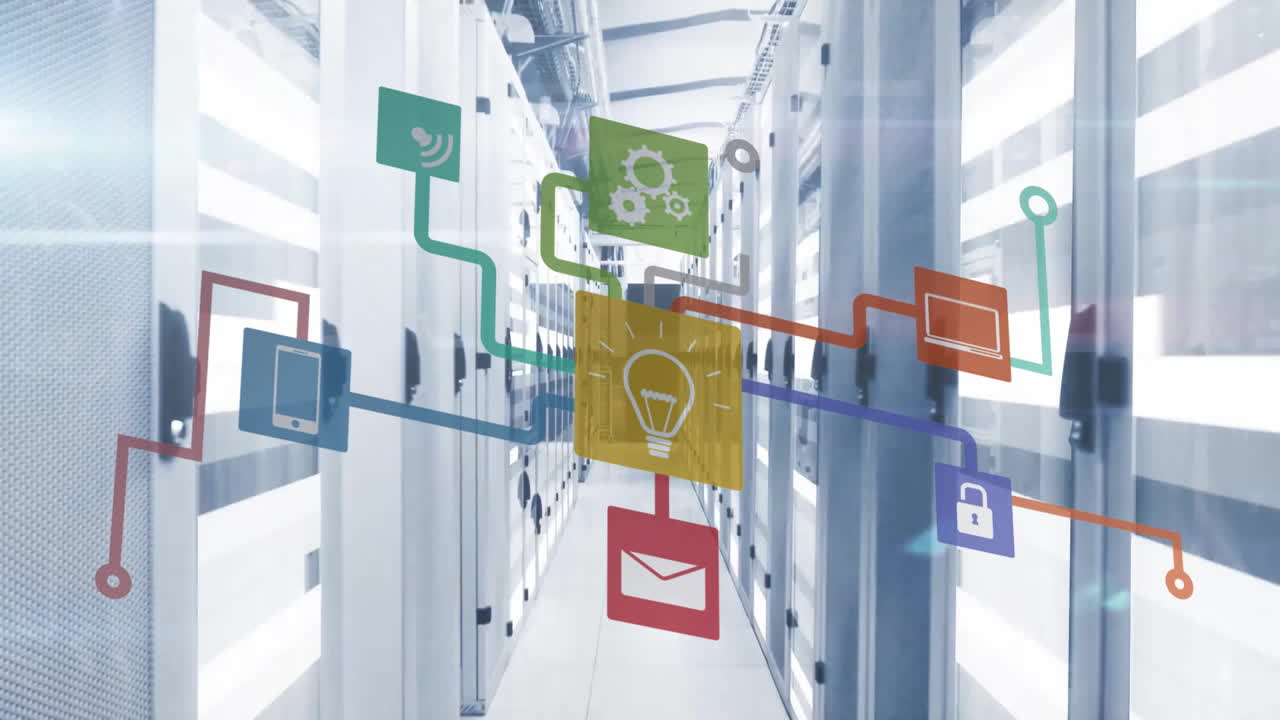 animación de la red de conexiones con iconos y procesamiento de datos a través de servidores informáticos