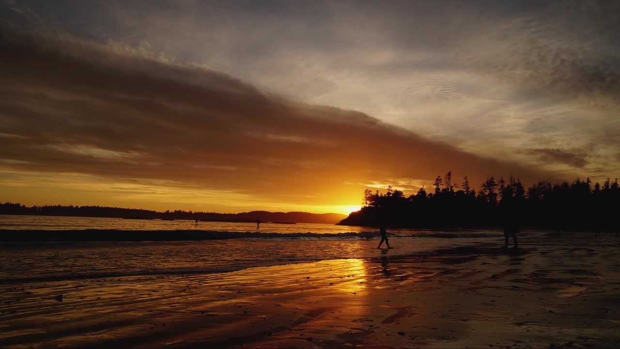 sunset time lapse of the MacKenzie beach in the summer with rolling clouds and silhouetted trees. Tofino British Columbia Canada