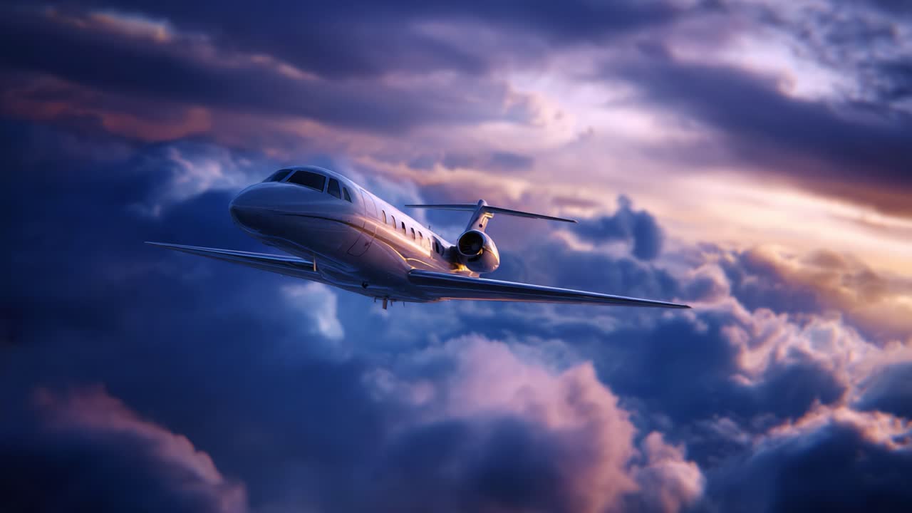 Ein eleganter Privatjet, der anmutig durch einen leuchtenden Sonnenuntergangshimmel fliegt und sich von flauschigen Wolken abhebt, um luxuriöses Reisen und ruhige Luftfahrt zu präsentieren