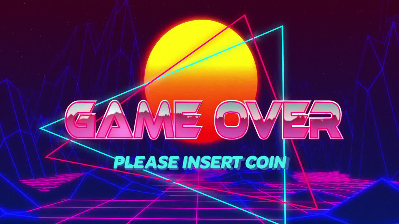 Game Over text and please insert coin over retro neon grid and sunset animation