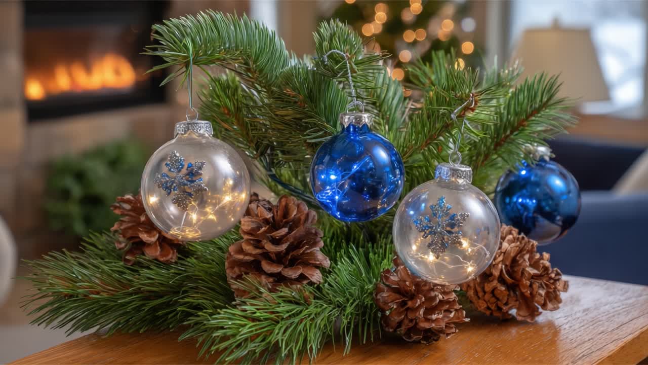 Festively Adorned Pine Arrangement Featuring Blue and Clear Ornaments with Sparkling Lights, Set Against a Cozy Fireplace Background for a Warm Holiday Atmosphere