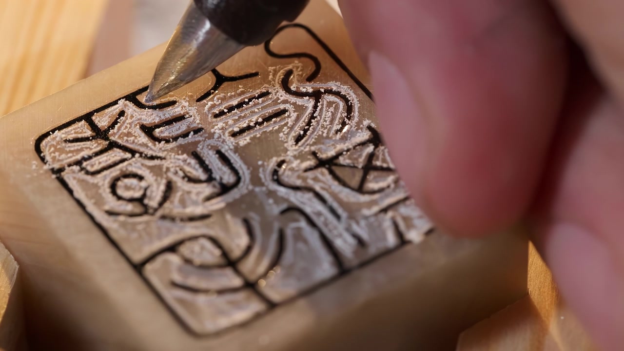 Nahaufnahme: Hände eines erfahrenen Kunsthandwerkers schnitzen mit einem Hohleisen filigrane Details in ein traditionelles chinesisches Steinemblem-Stempelsiegel in der Werkstatt.