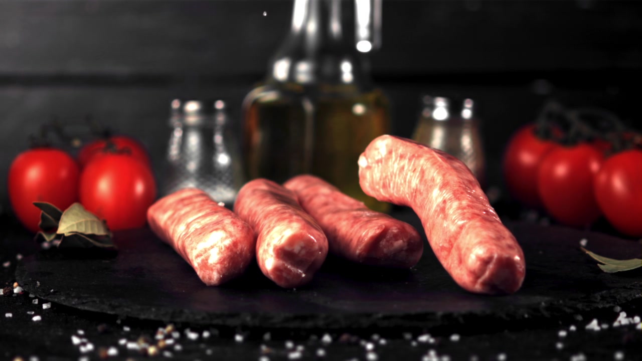 Salsicce crude che cadono su un tagliere di ardesia nero con ingredienti