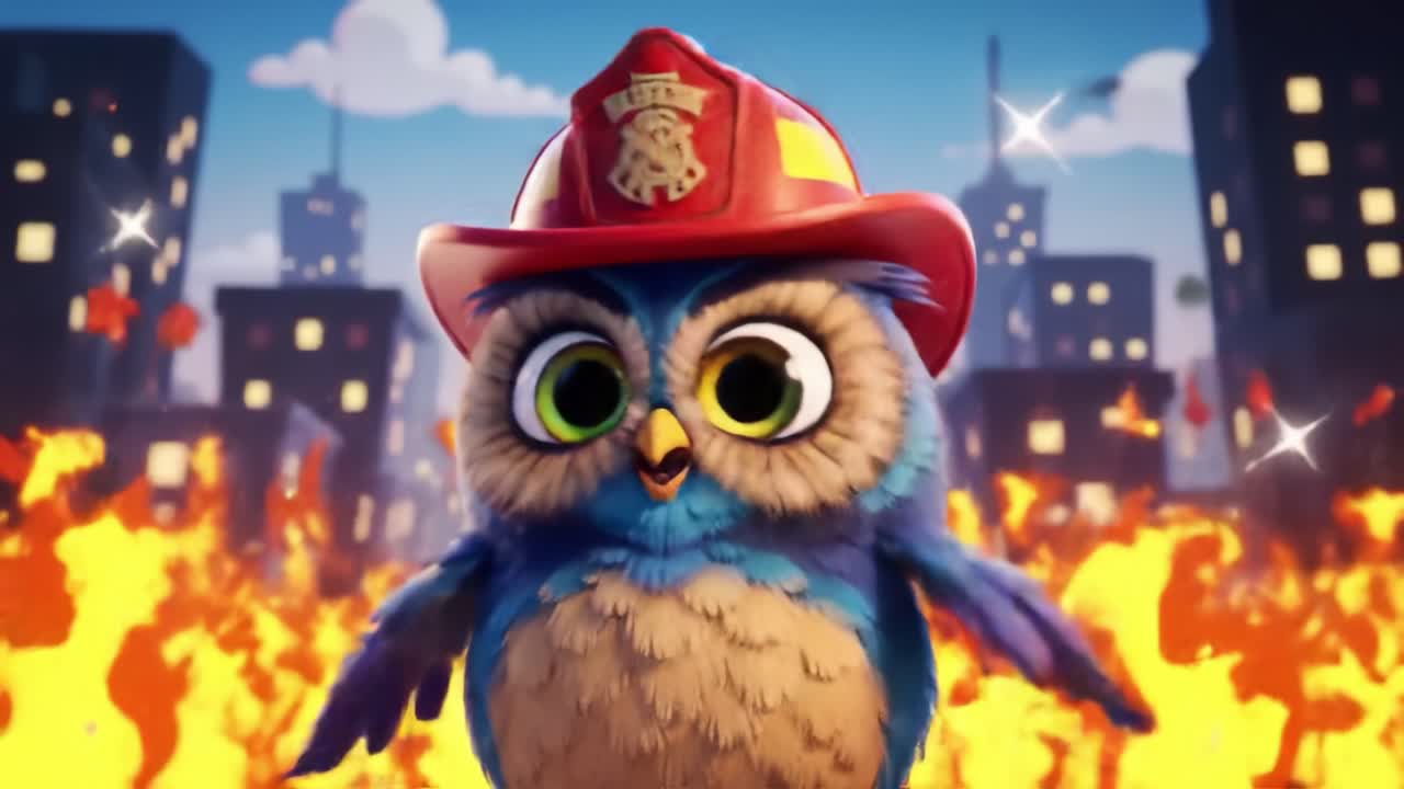 A Brave Animated Owl Firefighter Stands Proudly Against a Backdrop of Flames and Flames in a Cityscape, Showcasing Courage and Resilience in Adversity
