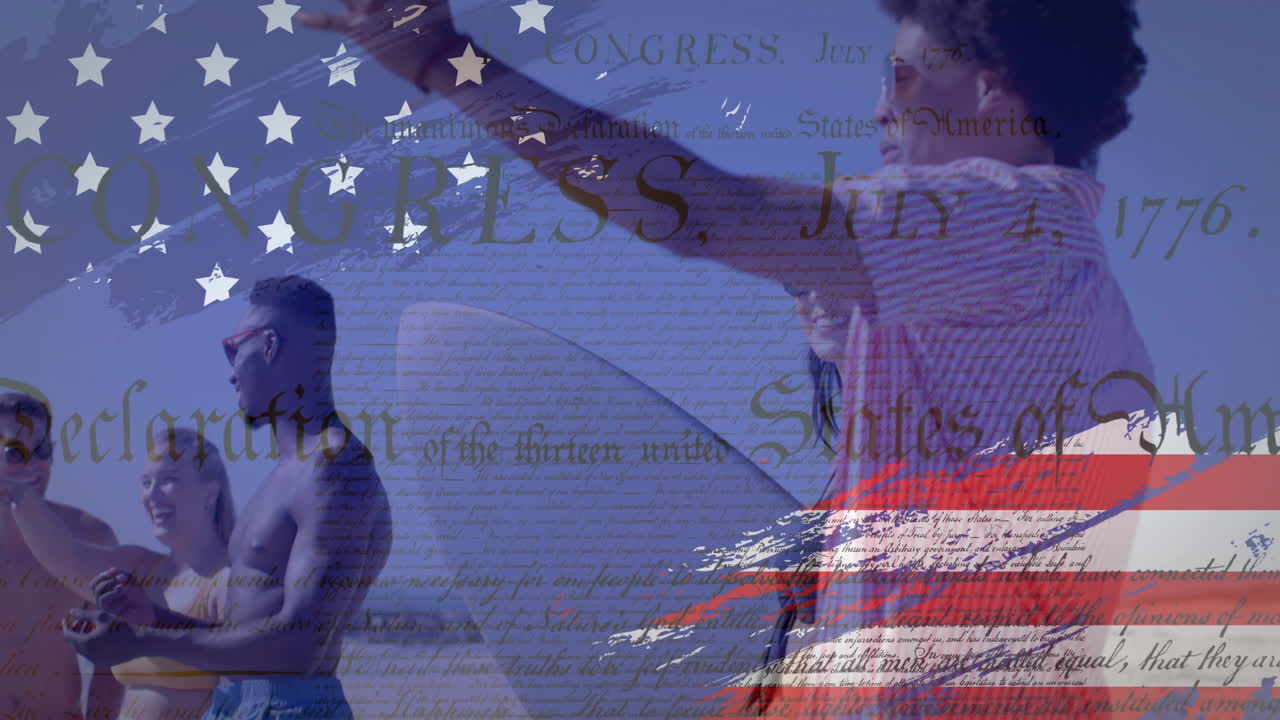 여름에 해변에서 행복한 다양한 친구들 위에 미국 발의 애니메이션