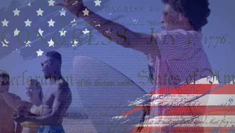 animation of flag of usa over happy diverse friends on beach in summer